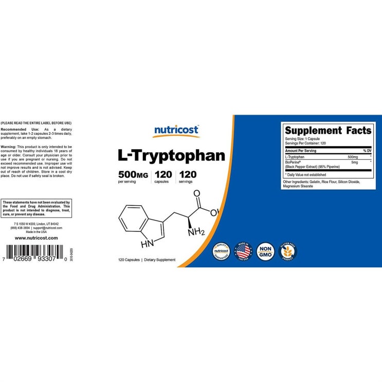 06월 01일자 뉴트리코스트 L-트립토판 500mg 캡슐 기대해도 좋아요