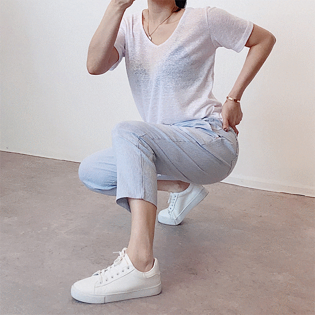  스트라이프 9부 사방스판 밴딩 배기 팬츠