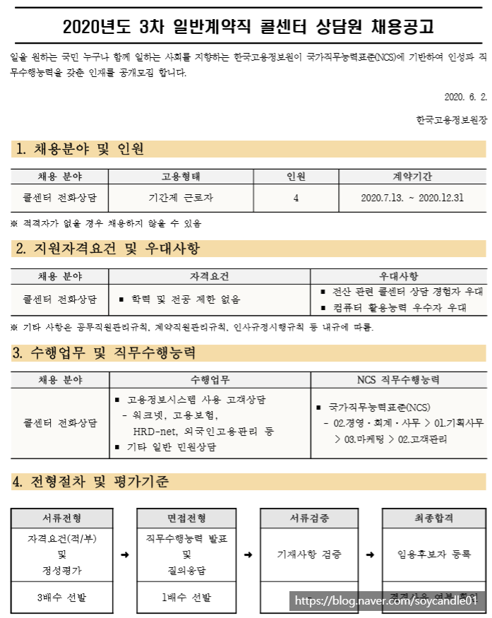  [채용][한국고용정보원] 2020년도 3차 일반계약직 콜센터 상담원 채용공고