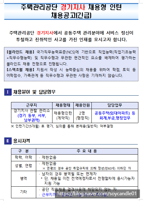  [채용][주택관리공단] 경기지사 채용형인턴 채용공고(행정_긴급)