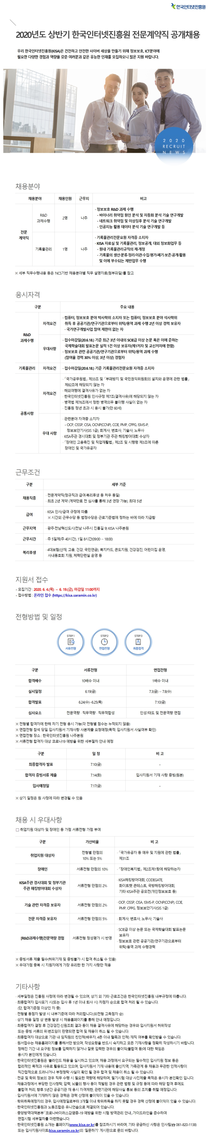  [채용][한국인터넷진흥원] 2020년도 상반기 전문계약직 공개채용