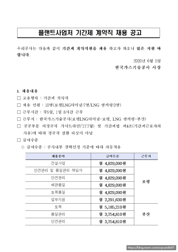 [채용][(주)한국가스기술공사] 플랜트사업처 기간제 계약직 채용 공고