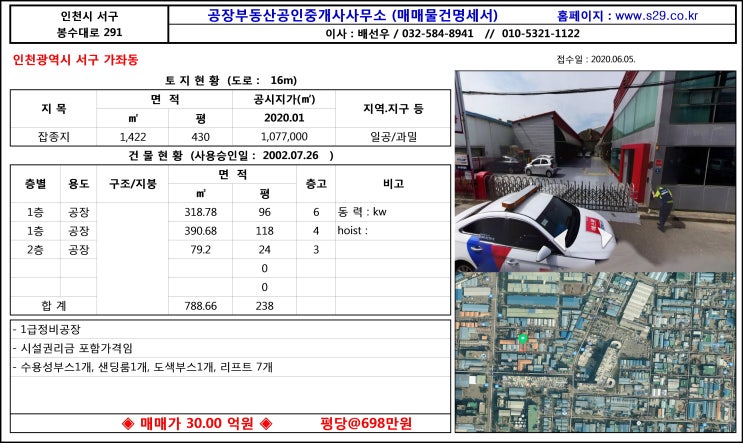  인천공장매매 인천서구 가좌동 중고자동차매매단지 인근 1급공업사 급매물 10466