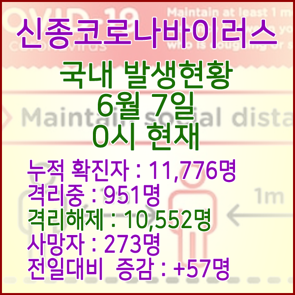  코로나19(코로나바이러스) 6월 7일 0시 국내 발병 11,776명 / 10,552명 완치 격리해제 / 사망자 273명