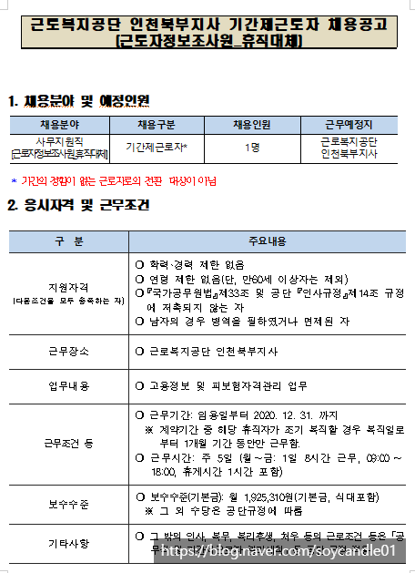  [채용][근로복지공단] [인천북부지사] 기간제근로자(근로자정보조사원_휴직대체) 채용공고
