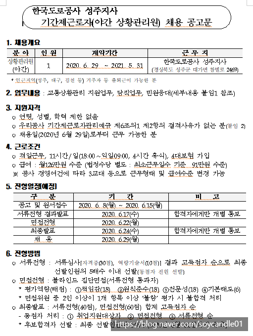  [채용][한국도로공사] 성주지사 기간제근로자(야간 상황관리원) 채용공고