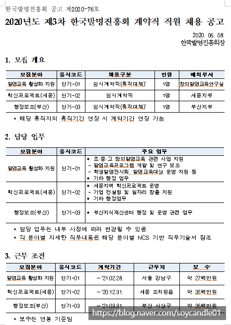  [채용][한국발명진흥회] 2020년도 제3차 계약직 직원 채용 공고