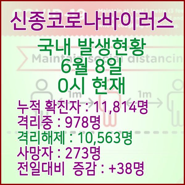  코로나19(코로나바이러스) 6월 8일 0시 국내 발병 11,814명 / 10,563명 완치 격리해제 / 사망자 273명