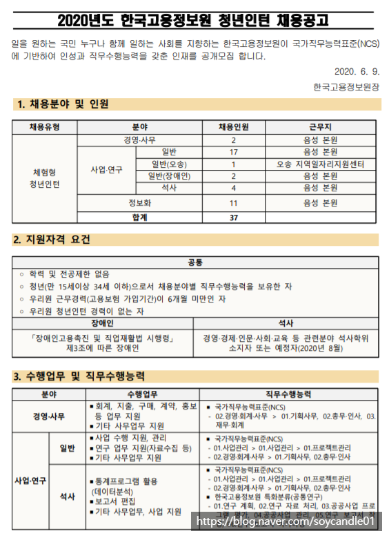  [채용][한국고용정보원] 2020년도 청년인턴 채용공고