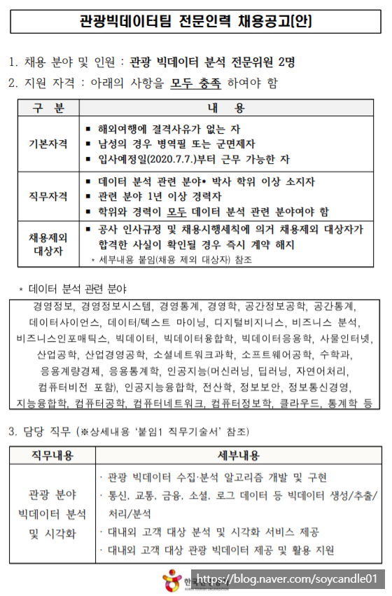 [채용][한국관광공사] 관광빅데이터팀 전문인력 채용 공고