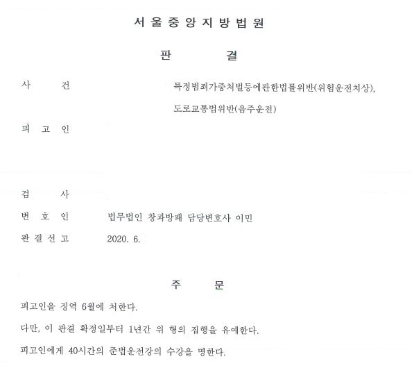  특정범죄가중처벌등에관한법률위반(위험운전치상)및 음주운전 집행유예 선고 사례