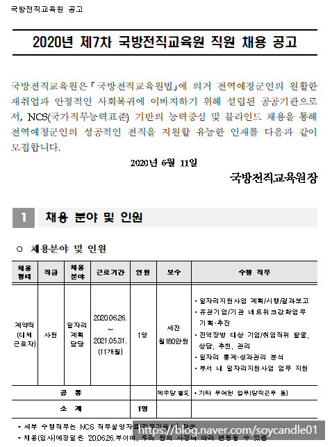  [채용][국방전직교육원] 20년 제7차 직원(대체근로자) 채용 공고(일자리계획담당)