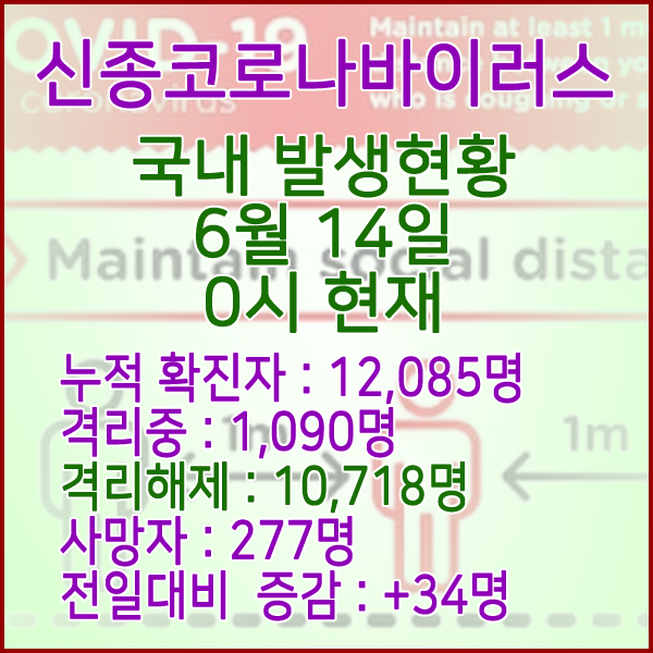 코로나19(코로나바이러스) 6월 14일 0시 국내 발병 12,085명 / 10,718명 완치 격리해제 / 사망자 277명
