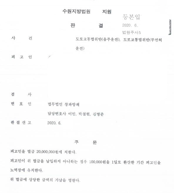 음주운전4회 집행유예 기간중 음주운전 5회째 벌금형 선고 사례