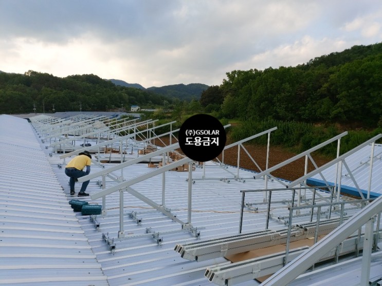 축사 지붕 위 양면 태양광패널 98.745kW 설치 중