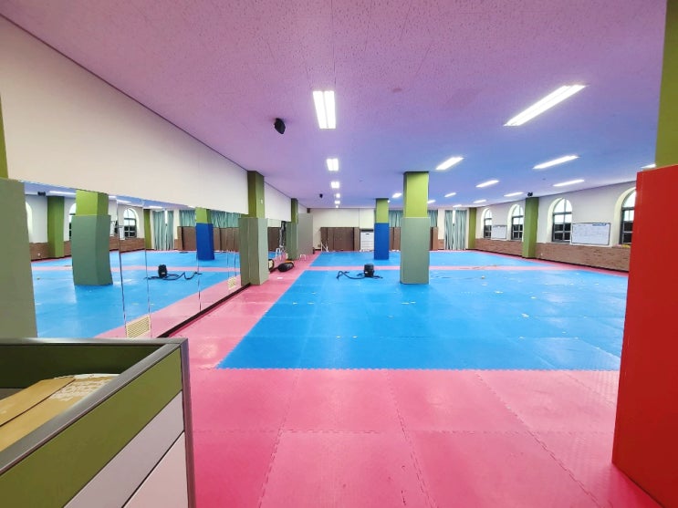  전주 완산중학교 소규모실내체육시설 태권도실 기둥 - 다오코리아 안전 보호벽매트(안전패딩) 설치