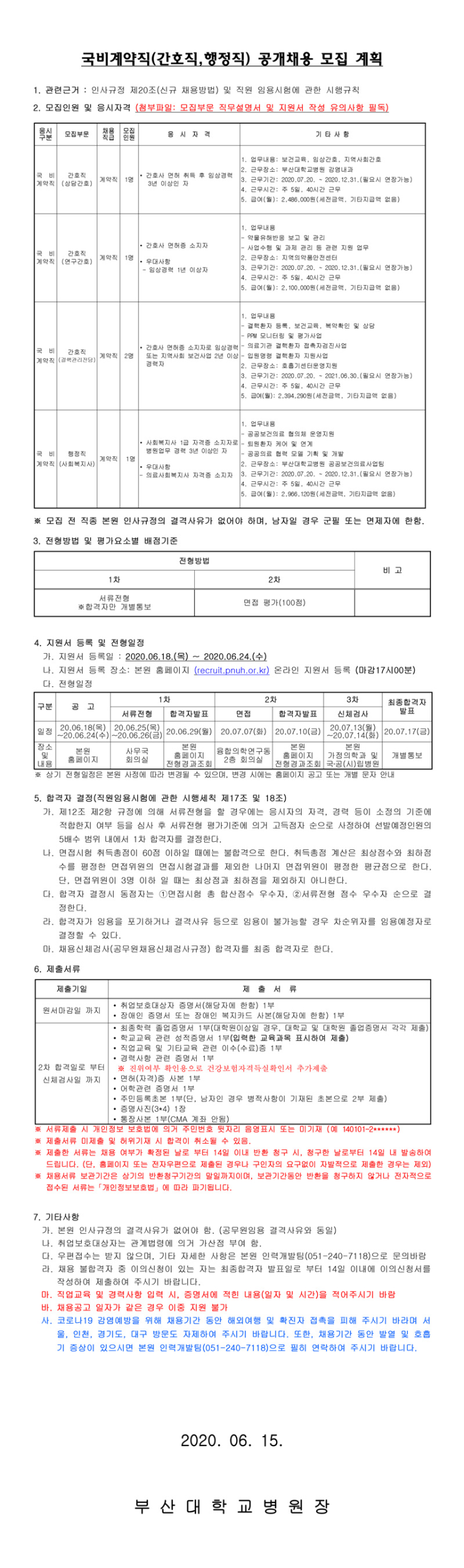  [채용][부산대학교병원] 국비계약직(간호직,행정직) 블라인드 채용 모집 공고