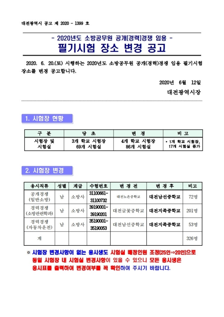  2020년 대전광역시 소방공무원 필기시험 장소 변경!!!(6/12) 