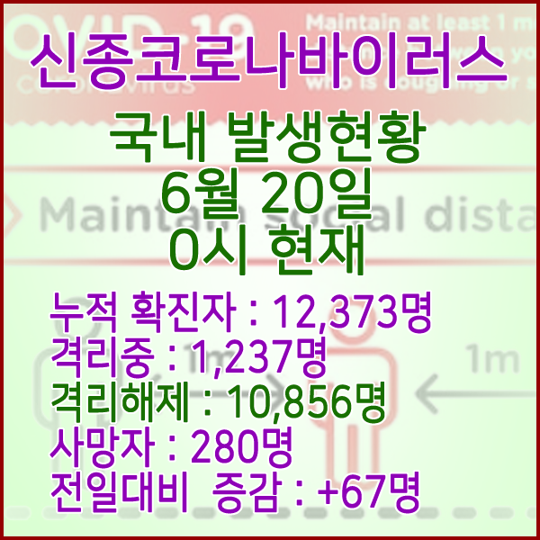  코로나19(코로나바이러스) 6월 20일 0시 국내 발병 12,373명 / 10,856명 완치 격리해제 / 사망자 280명