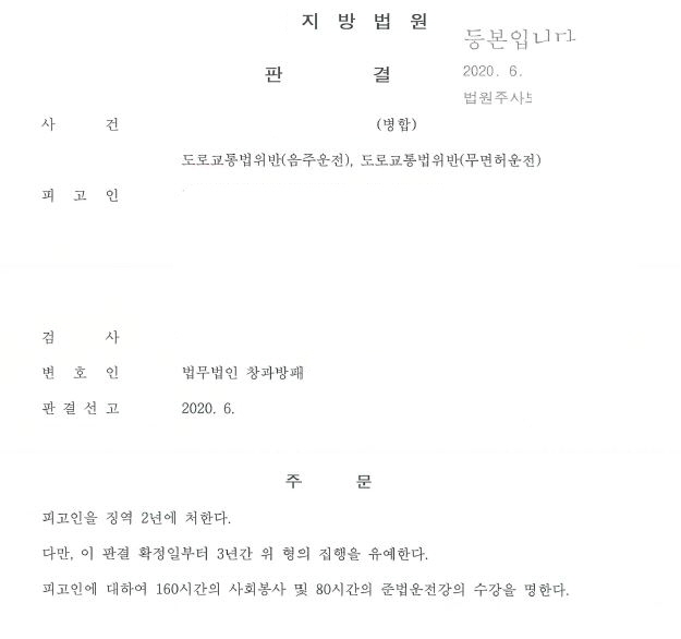  무면허 및 음주운전 3회, 4회 병합 집행유예 선고 사례