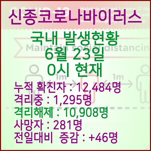  코로나19(코로나바이러스) 6월 23일 0시 국내 발병 12,484명 / 10,908명 완치 격리해제 / 사망자 281명