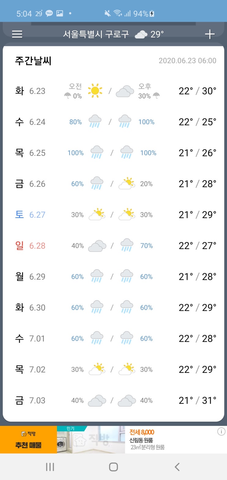 다음주 #날씨 - 비옴. 비옴. 장마 인가 !!