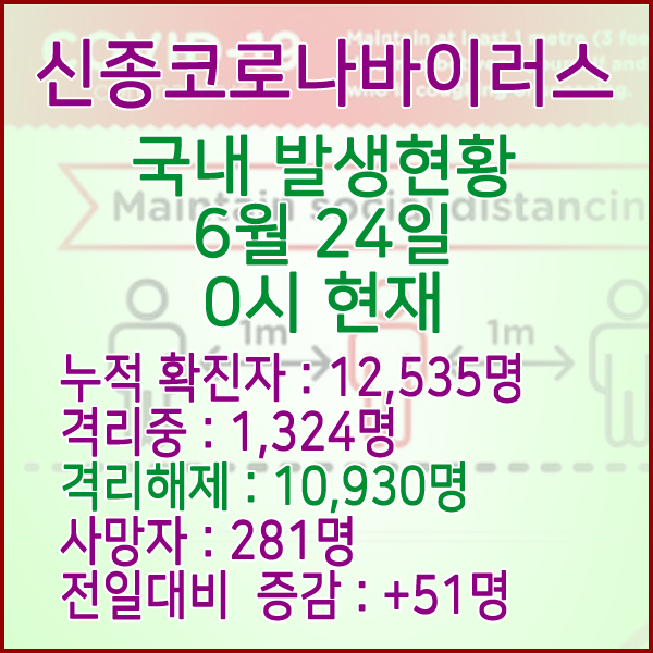  코로나19(코로나바이러스) 6월 24일 0시 국내 발병 12,535명 / 10,930명 완치 격리해제 / 사망자 281명