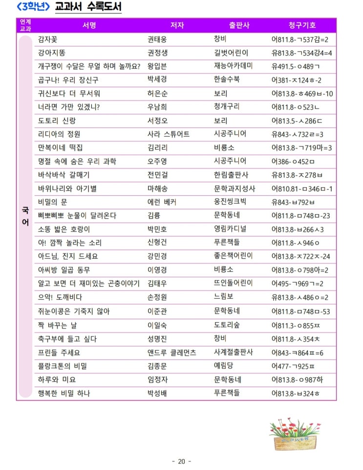  2020 초등학교 1학기 교과서 수록도서 및 교과 연계 도서 목록(3학년)