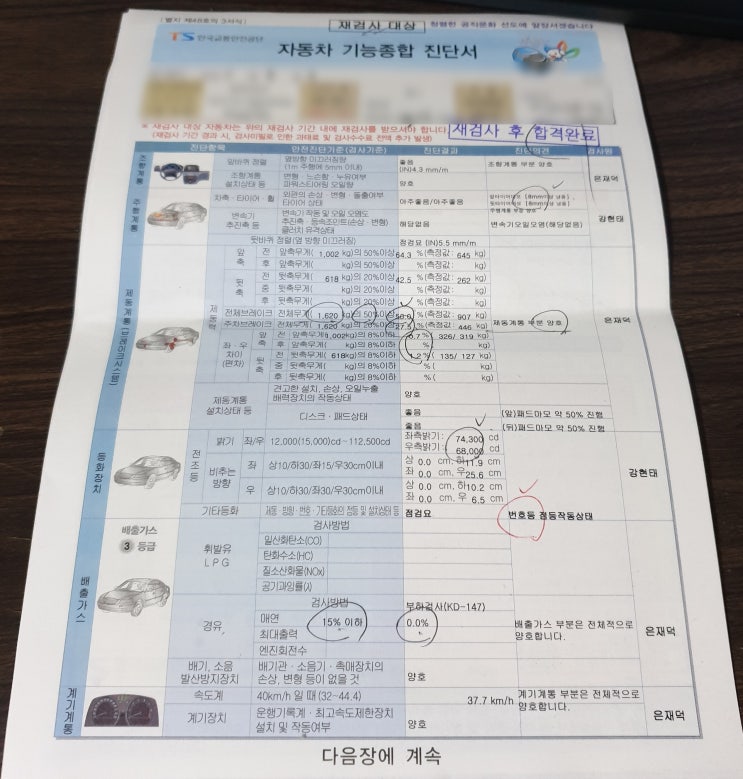  스포티지R 디젤 자동차 종합 검사 받은 후기! (번호판등 불합격/매연 제동력 등..)