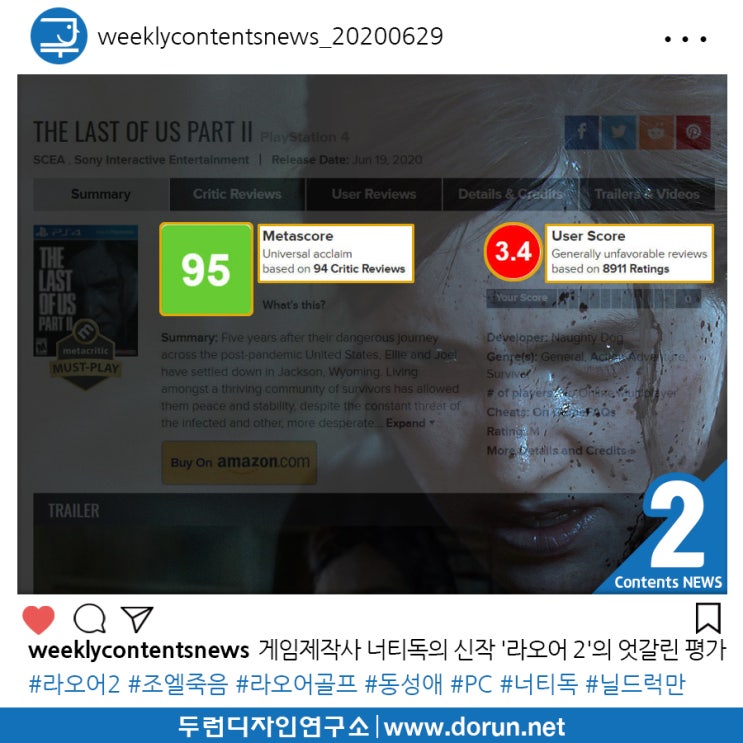 2020년 6월 5주차 콘텐츠 카드뉴스#2-게임제작사 너티독의 신작 '라스트 오브 어스 파트 2'의 엇갈린 평가 2020년 6월 5주차 콘텐츠 카드뉴스#2-게임제작사 너티독의 신작 '라스트 오브 어스 파트 2'의 엇갈린 평가