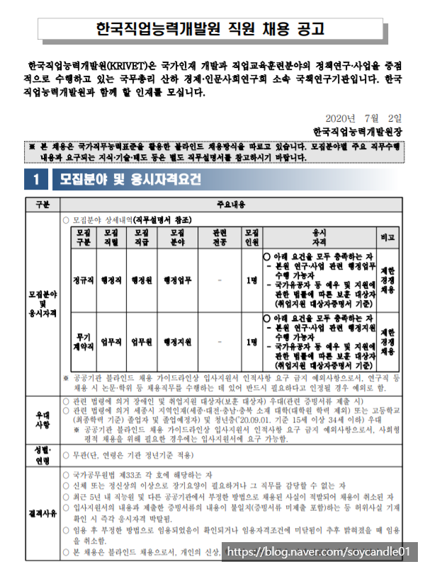  [채용][한국직업능력개발원] 2020년도 제1차 직원 채용(보훈)(정규직 행정원, 무기계약직 업무원)