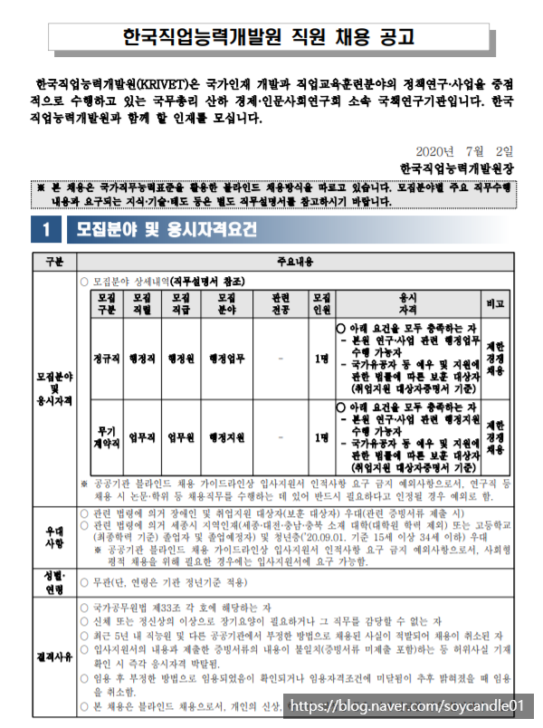 [채용][한국직업능력개발원] 2020년도 제1차 직원 채용(보훈)(정규직 행정원, 무기계약직 업무원)