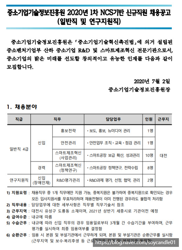  [채용][중소기업기술정보진흥원] 2020년 1차 NCS기반 신규직원 채용공고(일반직 및 연구지원직)