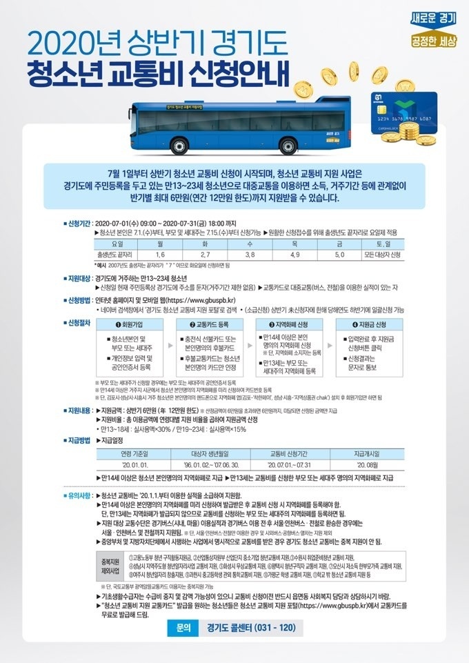 [정보]경기도 청소년 교통비 신청안내