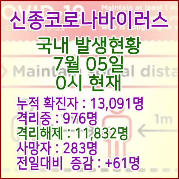  코로나19(코로나바이러스) 7월 5일 0시 국내 발병 13,091명 / 11,832명 완치 격리해제 / 사망자 283명