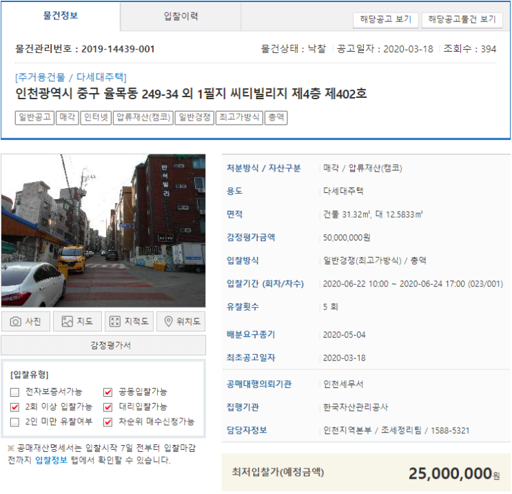 [공매결과복기] 인천 중구 빌라 경매 공매물건 낙찰가, 월세는?