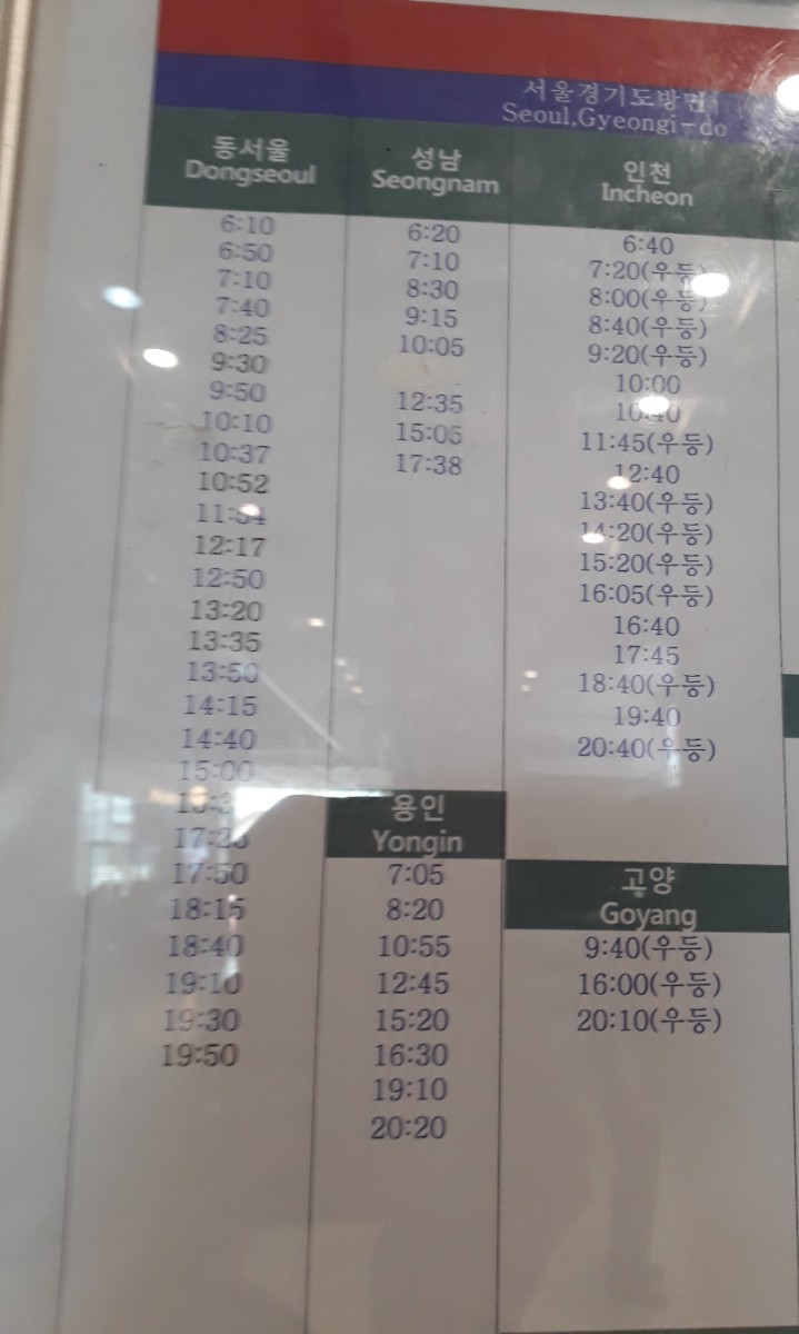  원주시외버스터미널 시간표 (2020. 7.4 기준)