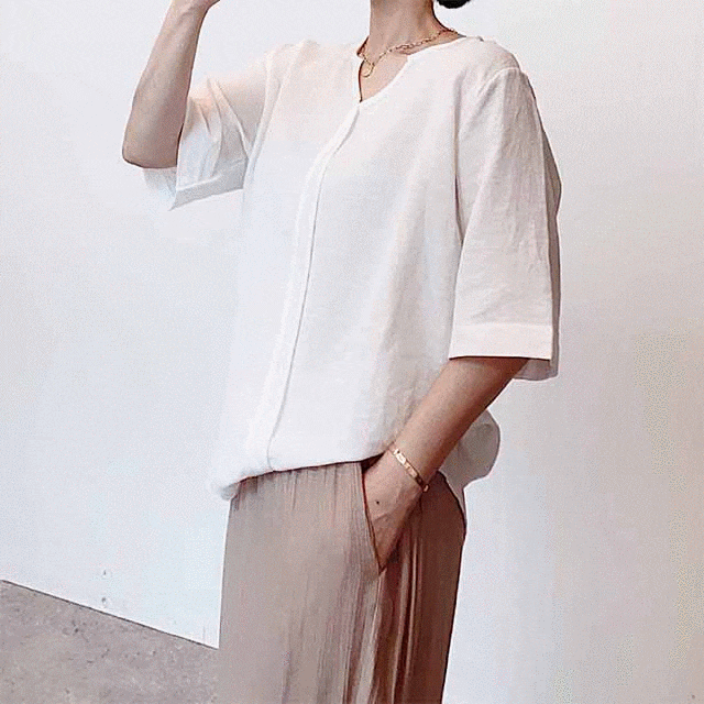  린넨 브이넥 루즈핏 반팔 블라우스