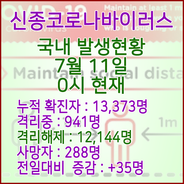 코로나19(코로나바이러스) 7월 11일 0시 국내 발병 13,373명 / 12,144명 완치 격리해제 / 사망자 288명