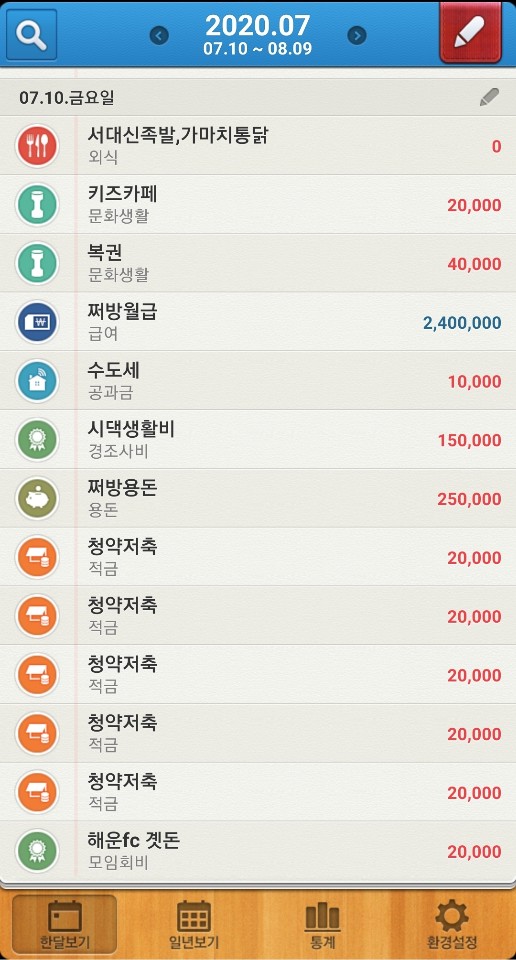  네이버 가계부 7월 10일~7월 12일까지 작성