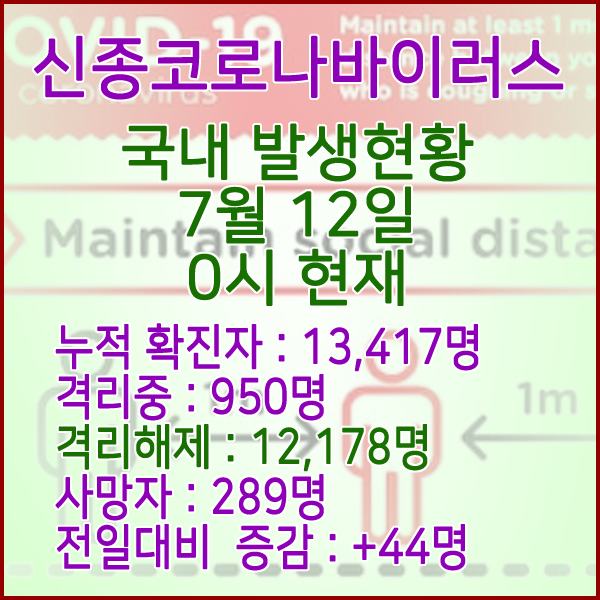  코로나19(코로나바이러스) 7월 12일 0시 국내 발병 13,417명 / 12,178명 완치 격리해제 / 사망자 289명