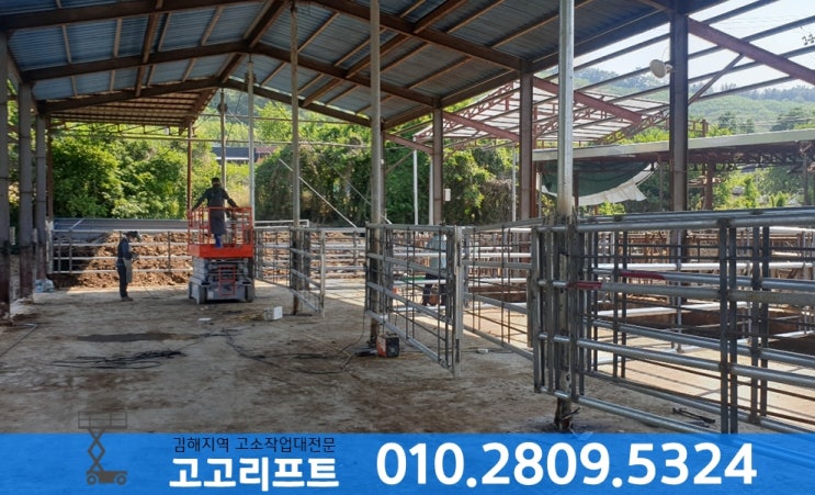  함안, 김해, 군북 축사 작업에 임대된 고소작업대 현장