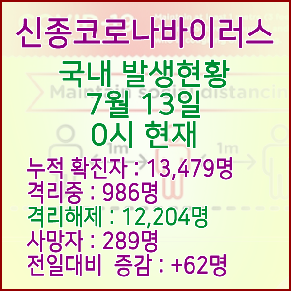  코로나19(코로나바이러스) 7월 13일 0시 국내 발병 13,479명 / 12,204명 완치 격리해제 / 사망자 289명