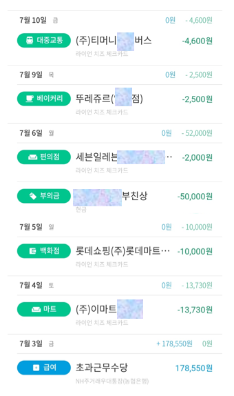  일주일 가계부 정리 - 7월 2주차(수입, 소비, 반성 등)
