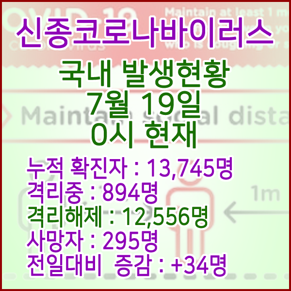  코로나19(코로나바이러스) 7월 19일 0시 국내 발병 13,745명 / 12,556명 완치 격리해제 / 사망자 295명