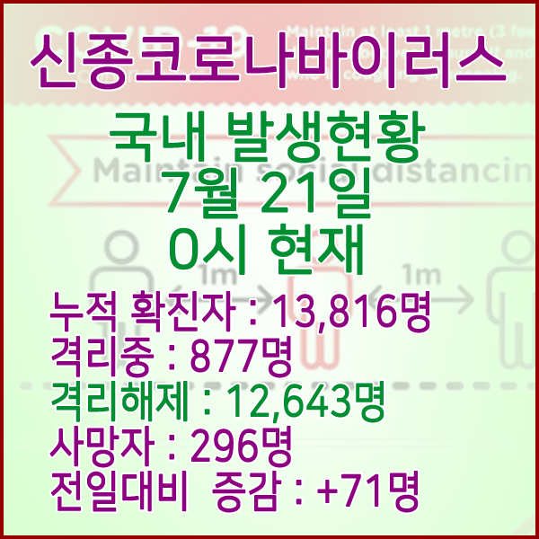  코로나19(코로나바이러스) 7월 21일 0시 국내(해외포함) 발병 13,816명 / 12,643명 완치 격리해제 / 사망자 296명