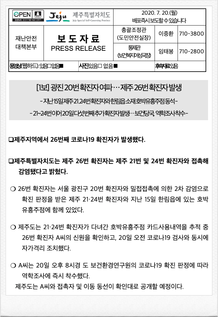  제주도 코로나19, 광진구 20번 확진자 여파… 제주 26번 애월읍 확진자 동선! 한림읍 호박유흥주점 방문~