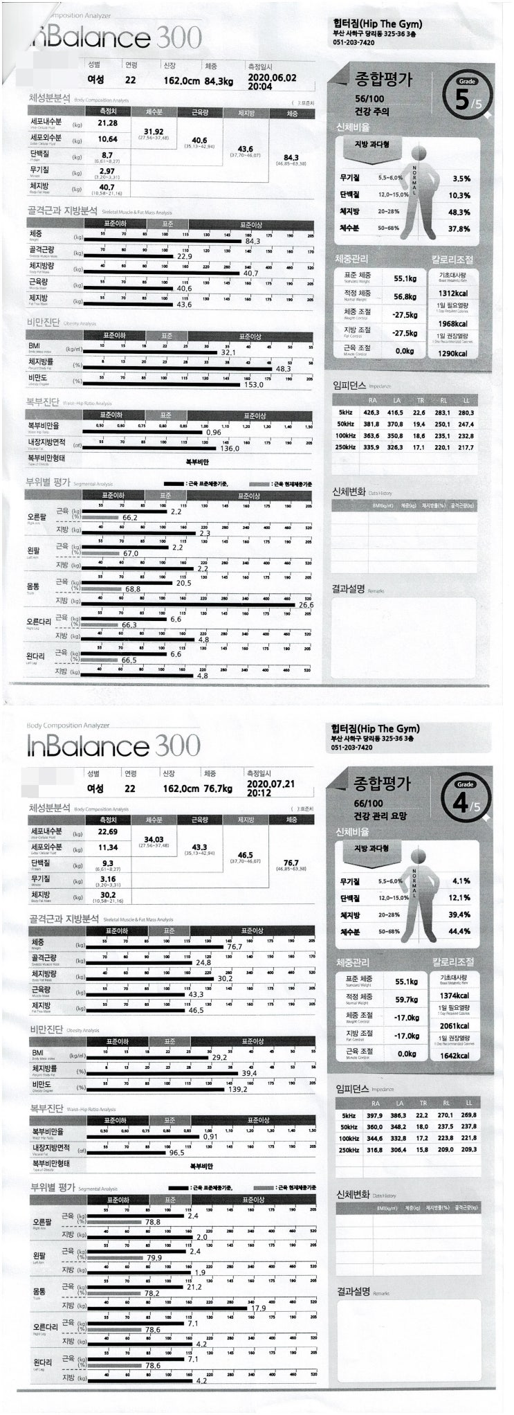  사하구 피티명가 힙터짐 여성회원 체지방분석표 비포에프터 하단당리PT