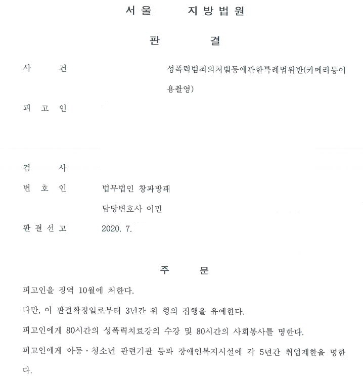 동영상 카메라등이용촬영죄 집행유예 선고 사례