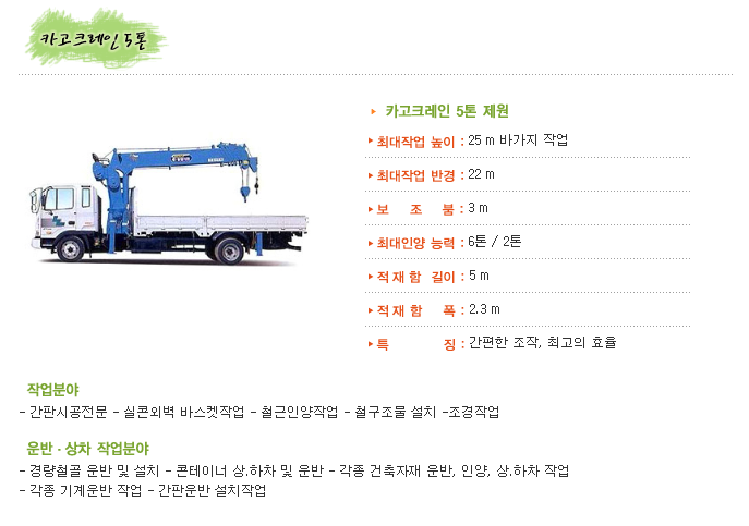  카고 크레인(Cargo crane) 제원표